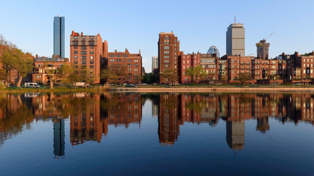 Boston Back Bay buildings reflected in Storrow Lagoon