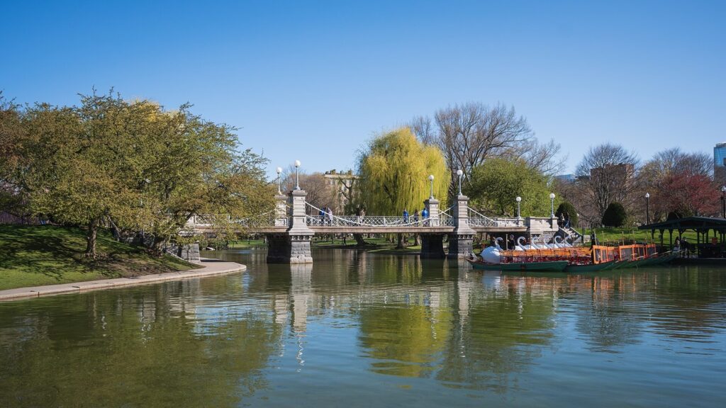 Lagoon bridge and Swan Boats in Boston Public Garden