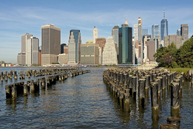 Lower Manhattan skyline seen over old pier pilings from Brooklyn Bridge Park