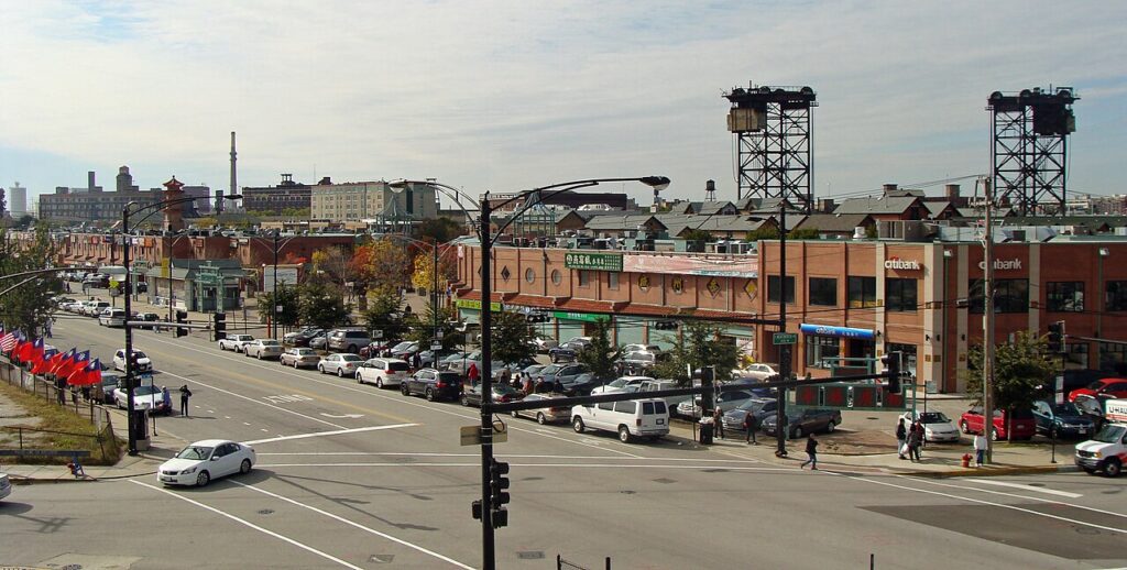 Chinatown Square storefronts viewed across the street