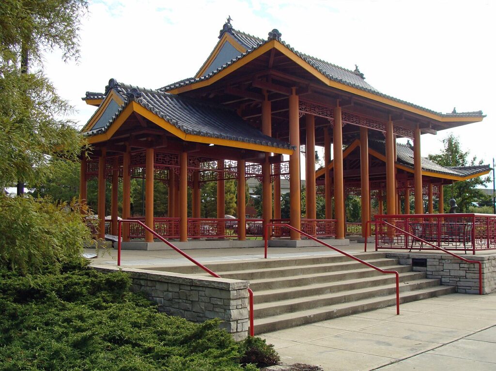 Red pavilion and surrounding planting at Ping Tom Memorial Park