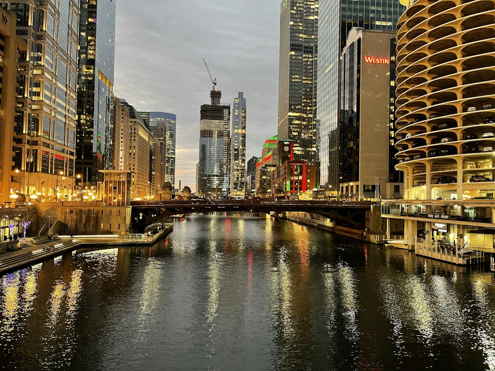 Chicago River framed by downtown architecture
