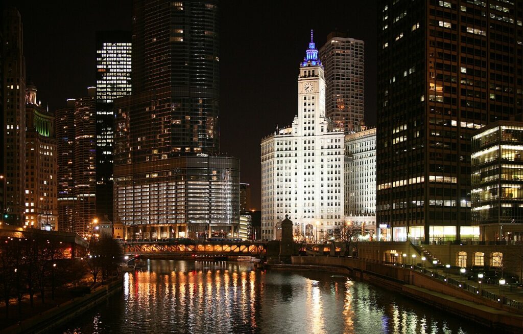Chicago River and illuminated buildings at night