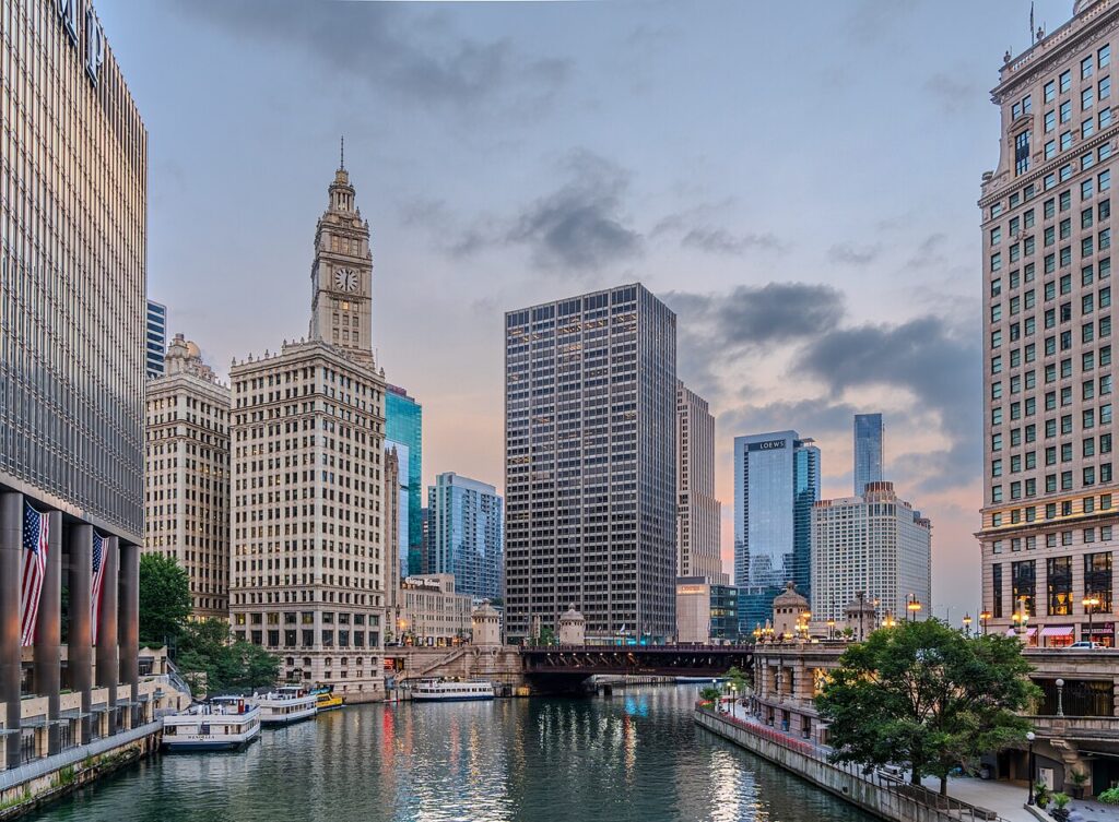 Chicago River and Michigan Avenue bridge framed by downtown buildings
