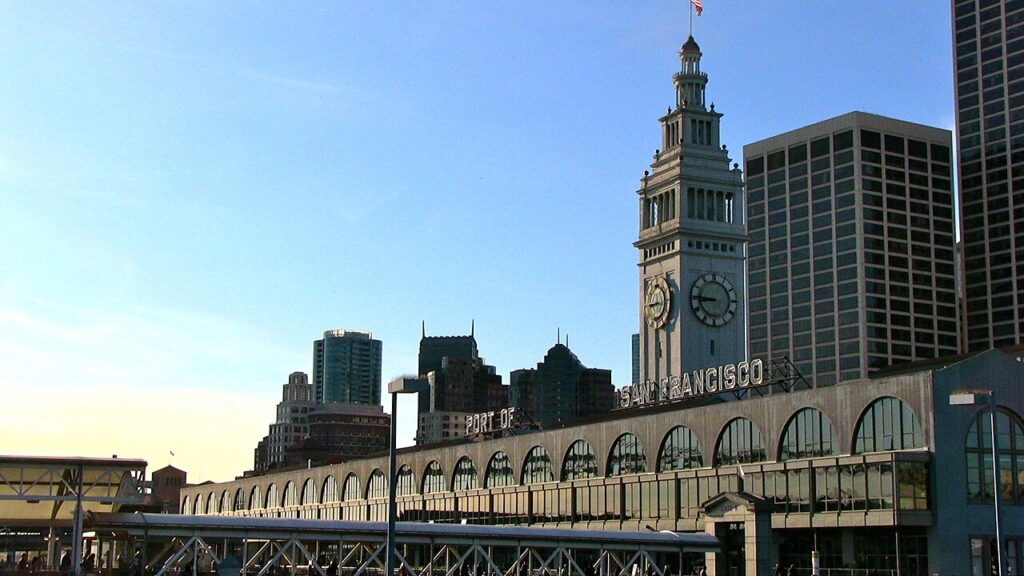 San Francisco Ferry Building clock tower beside the waterfront
