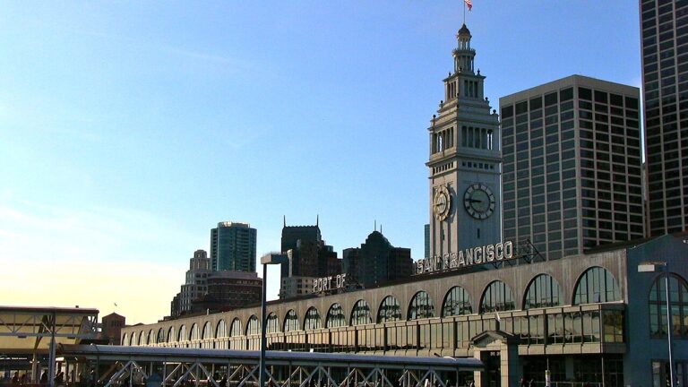 San Francisco Ferry Building clock tower beside the waterfront