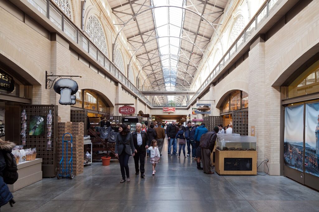 Shops and visitors in the Ferry Building Marketplace hall