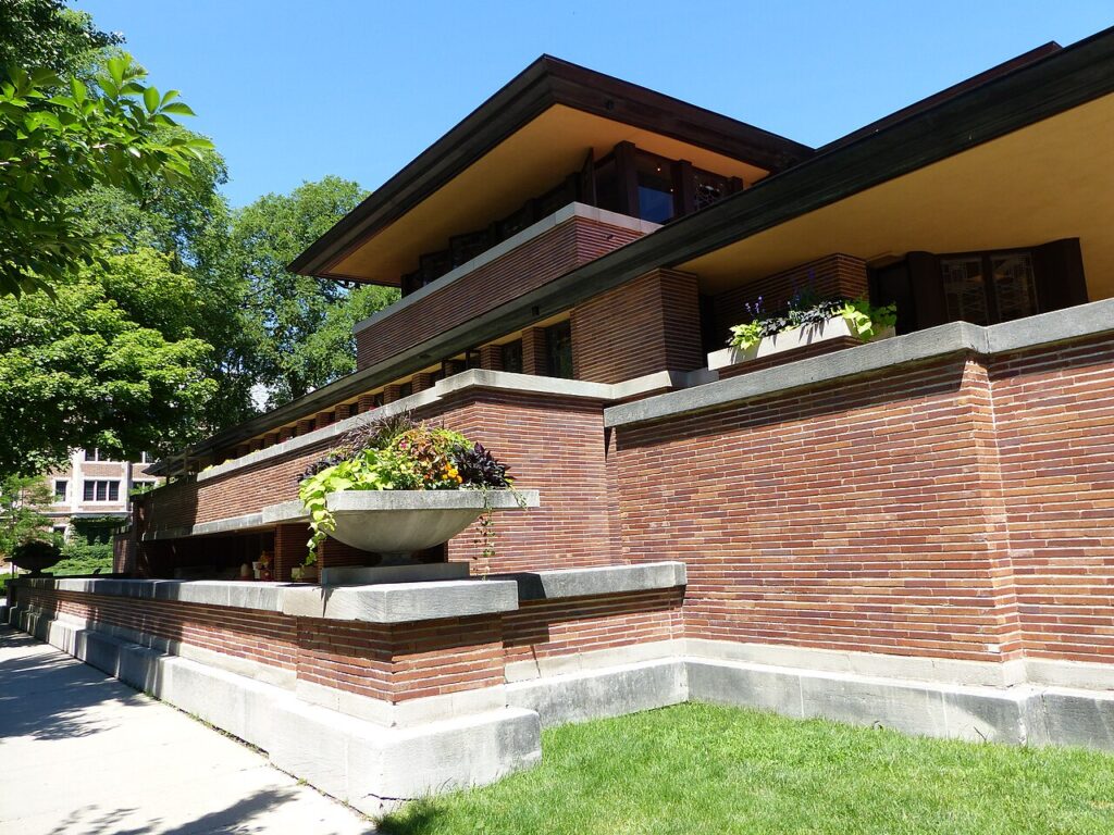 Brick exterior and projecting rooflines of Frank Lloyd Wright’s Robie House