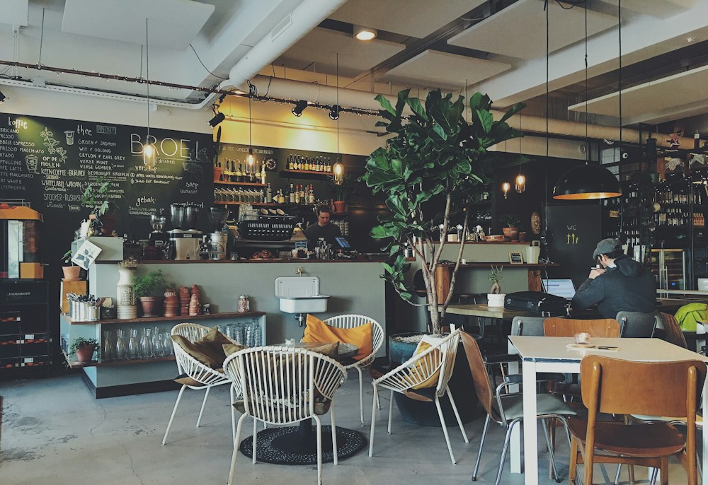 A sunlit café with plants and places to pause