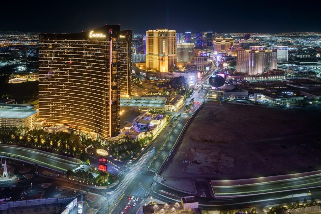 Illuminated hotels along the Las Vegas Strip at night