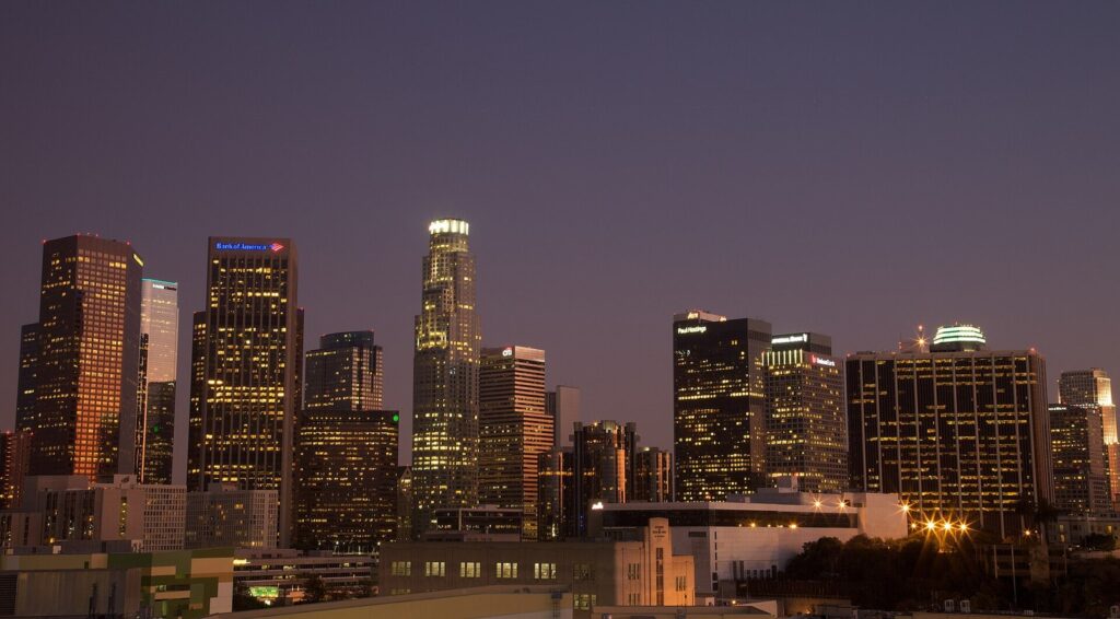 Downtown Los Angeles skyline after sunset