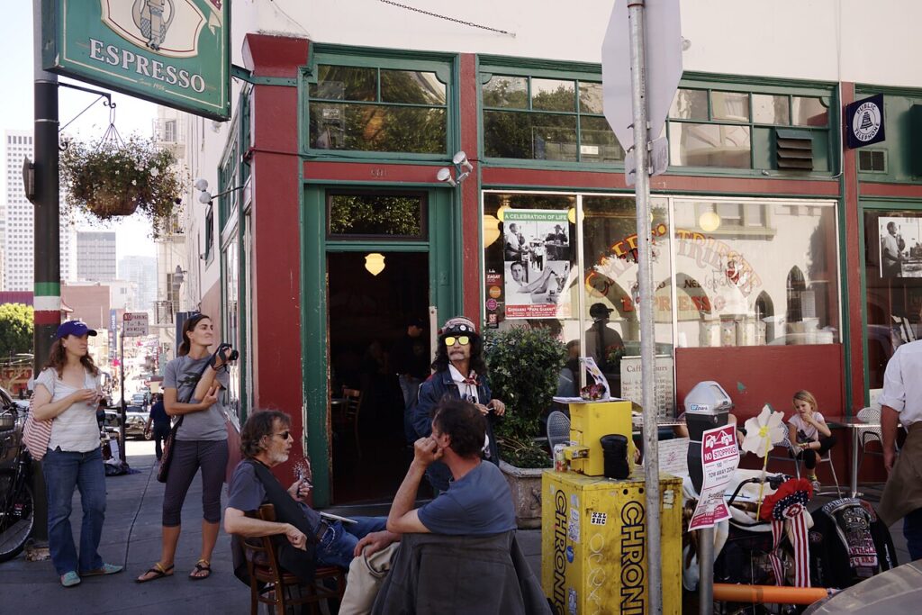 Caffe Trieste entrance and outdoor tables on Vallejo Street