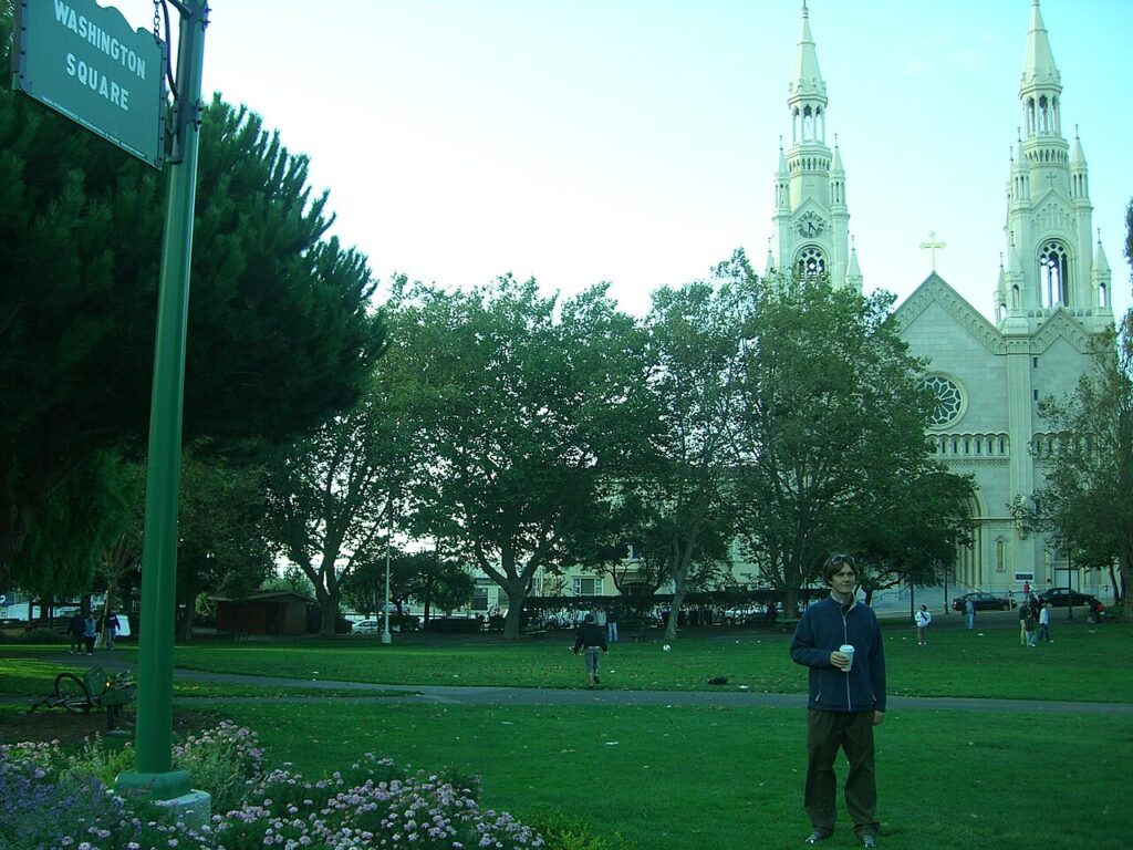 Lawn and trees in Washington Square with church towers behind