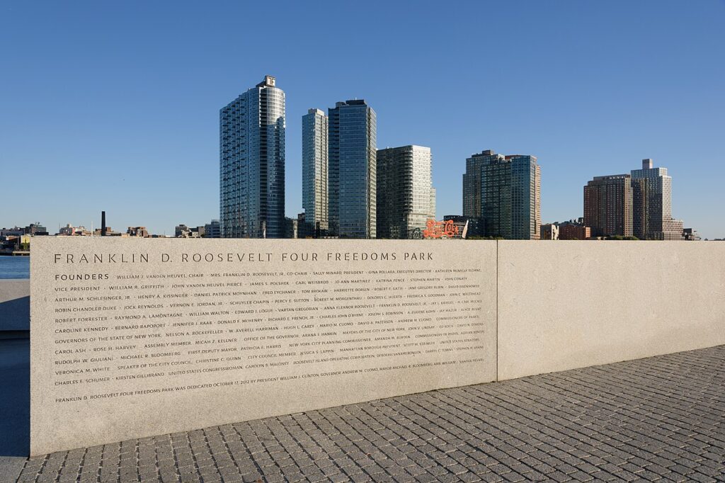 Inscribed stone wall at Franklin D. Roosevelt Four Freedoms Park