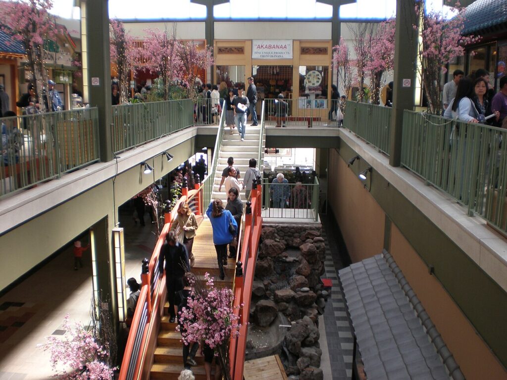 Indoor walkway and escalators in the Miyako Mall at Japan Center