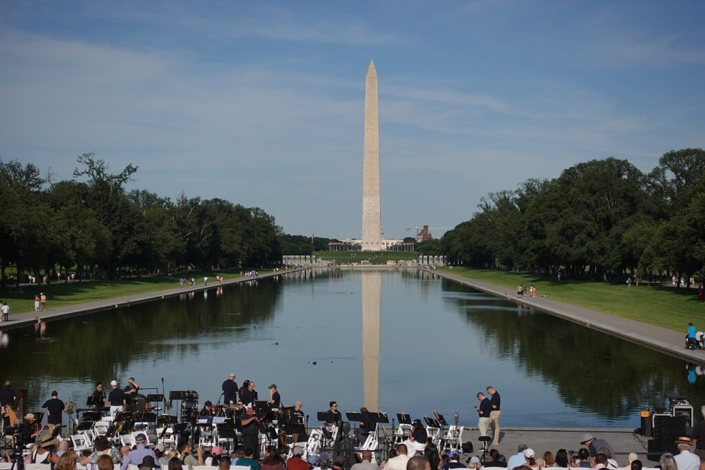 Washington Monument beyond the Lincoln Memorial Reflecting Pool